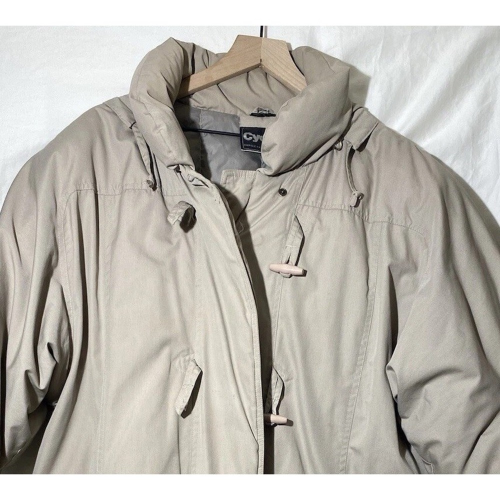 Womens Down Tan Jacket Sz XL Vintage Hooded Sportswear Y2K Cyclone Puffy Pockets